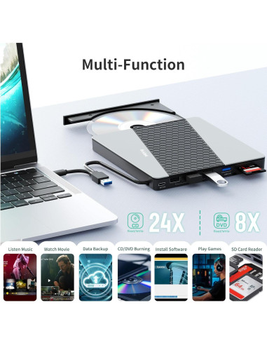 Unidad CD/DVD Externa SUIDEK USB 3.0 8 en 1 para Laptop