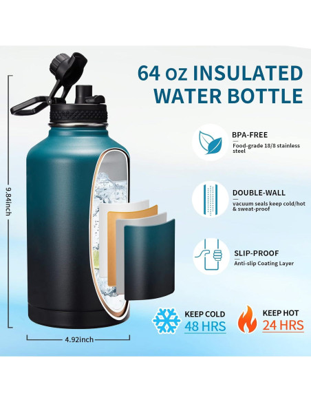 Botella de Agua Aislada VICKNIY 1.89L con Asa y Accesorios