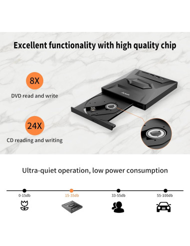 Unidad Externa de CD/DVD Alxum USB 3.0 Portátil 8X Negra