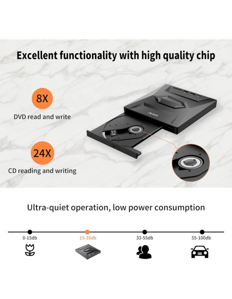Unidad Externa de CD/DVD Alxum USB 3.0 Portátil 8X Negra