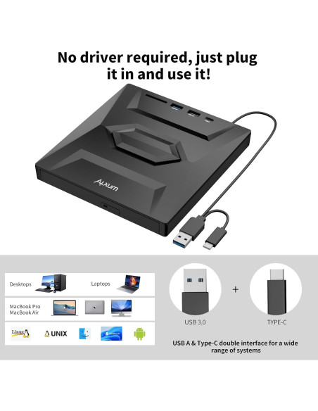 Unidad Externa de CD/DVD Alxum USB 3.0 Portátil 8X Negra