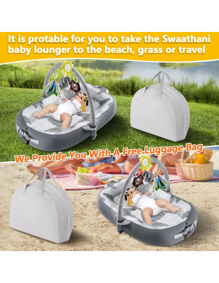 Lounger portátil para bebés 100% algodón gris - Lavable a máquina