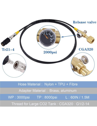 Adaptador de CO2 CGA320 a TR21-4 con Manguera 1.5m y Manómetro