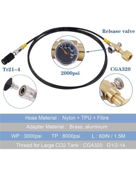 Adaptador de CO2 CGA320 a TR21-4 con Manguera 1.5m y Manómetro