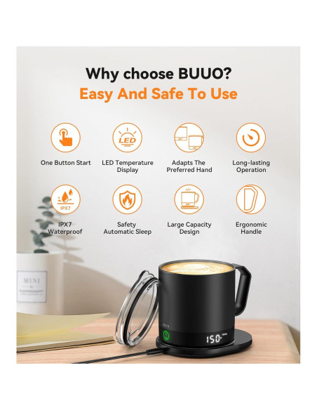 Taza de café autocalentable Buuo 14 oz con control de temperatura