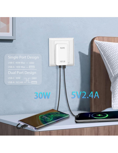 Cargador USB C 45W RUIFEI Doble Puerto Pared Blanco