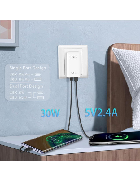 Cargador USB C 45W RUIFEI Doble Puerto Pared Blanco