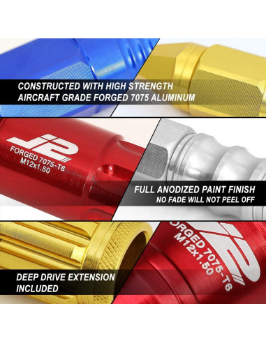 Tuercas de Llantas J2 Engineering M12x1.25 20Pcs 50mm Rojo