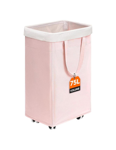 Cesta de Ropa Plegable CHICVITA Rosa 75L con Ruedas