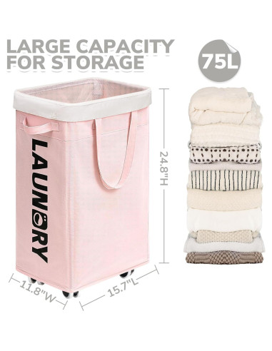 Cesta de Ropa Plegable CHICVITA Rosa 75L con Ruedas