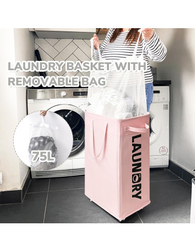 Cesta de Ropa Plegable CHICVITA Rosa 75L con Ruedas