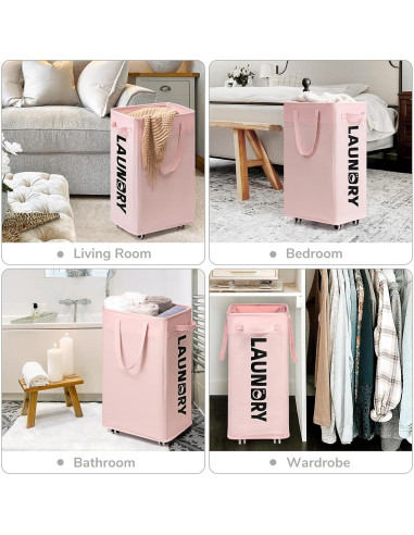 Cesta de Ropa Plegable CHICVITA Rosa 75L con Ruedas