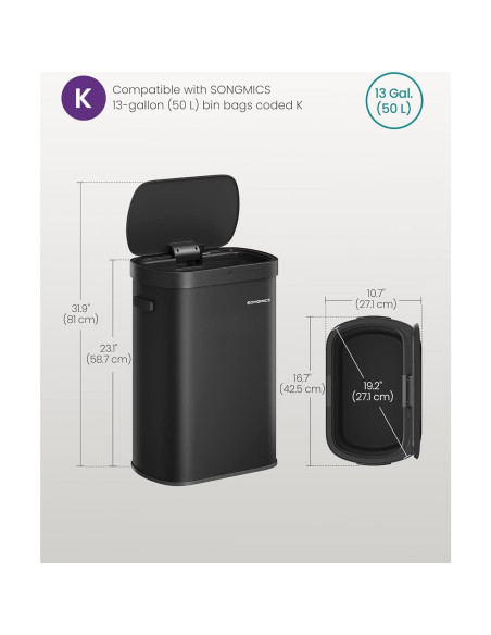 Papelera Automática SONGMICS 50L con Sensor de Movimiento, Acero Inoxidable, Negro