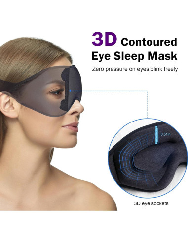Mascarilla para dormir 3D negra con tapones y correa ajustable