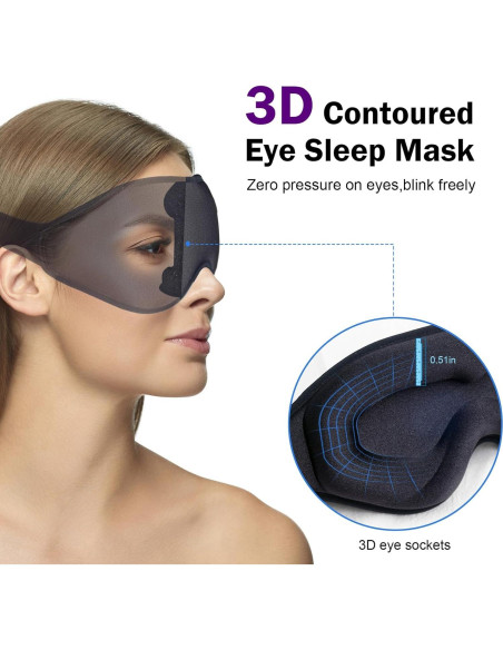 Mascarilla para dormir 3D negra con tapones y correa ajustable Mascarilla para dormir 3D negra con tapones y correa ajustable