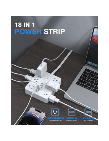 Regleta de Enchufes HUNIAN 1.5m con 12 Salidas y 6 USB