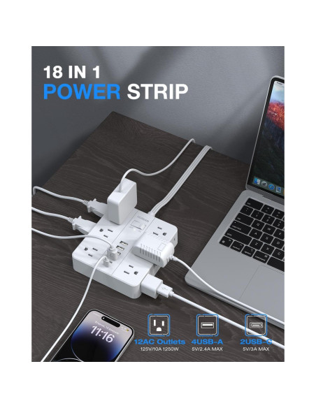 Regleta de Enchufes HUNIAN 1.5m con 12 Salidas y 6 USB Regleta de Enchufes HUNIAN 1.5m con 12 Salidas y 6 USB