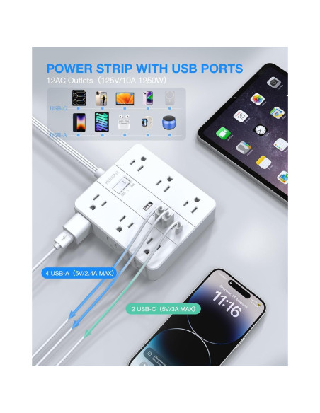 Regleta de Enchufes HUNIAN 1.5m con 12 Salidas y 6 USB Regleta de Enchufes HUNIAN 1.5m con 12 Salidas y 6 USB
