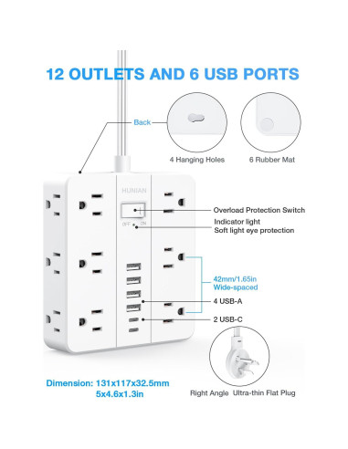 Regleta de Enchufes HUNIAN 1.5m con 12 Salidas y 6 USB