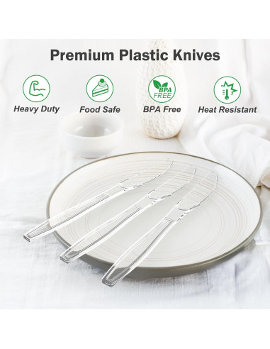 300 Cuchillos de Plástico Transparentes Dealusy - Desechables y Resistentes