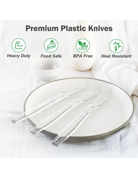 300 Cuchillos de Plástico Transparentes Dealusy - Desechables y Resistentes