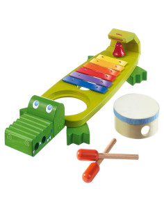 HABA Juego Musical 5-en-1 Cocodrilo - Tambor, Xilófono, Guiro
