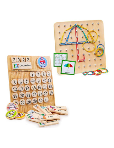 Conjunto de Juguetes Montessori Panda Brothers - Tablero Geométrico y Calendario de Madera
