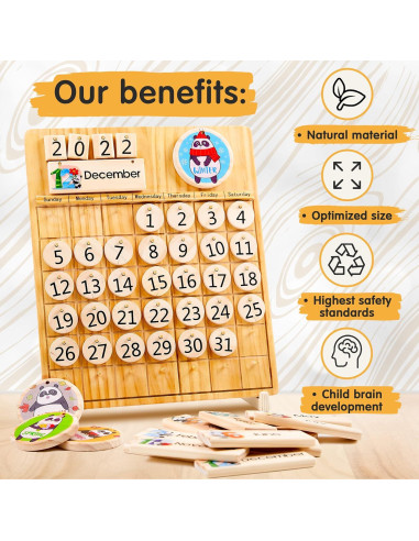 Conjunto de Juguetes Montessori Panda Brothers - Tablero Geométrico y Calendario de Madera