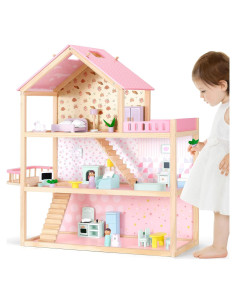 Casa de Muñecas de Madera Rosa Pillowhale 7 Habitaciones 38 Piezas