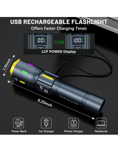 Linterna LED Driverwish W3 Recargable 1000 Lúmenes 3 Modos