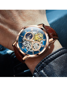 Reloj Esqueleto Automático OLEVS para Hombre Correa Cuero Marrón 2