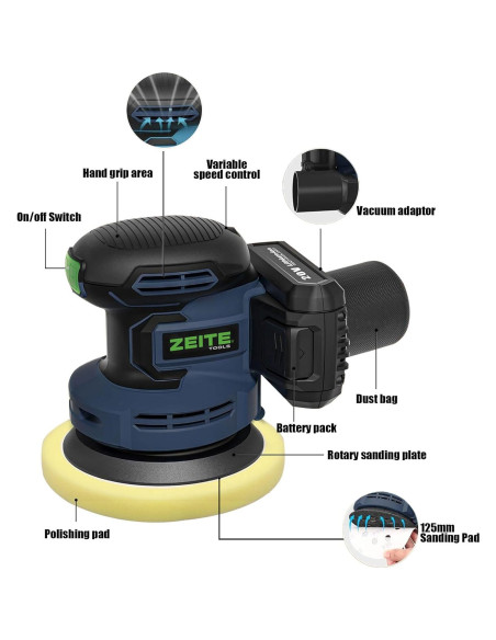 Lijadora Orbital Inalámbrica ZEITE 20V 5" 6 Velocidades 2.2kg
