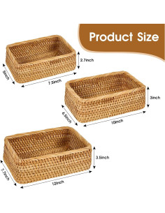 Juego de 3 Cestas Rectangulares de Rattan Whalehub - Almacenamiento Natural 2