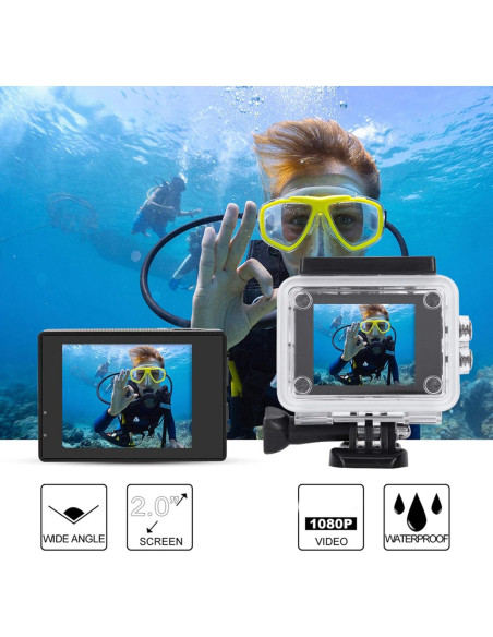 Cámara de acción ASHATA 1080P HD 30m sumergible negra