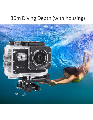 Cámara de acción ASHATA 1080P HD 30m sumergible negra