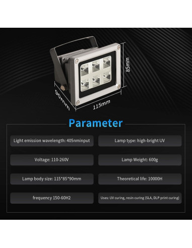 Lámpara UV LED Geeetech 405nm 60W para Curado Rápido 3D