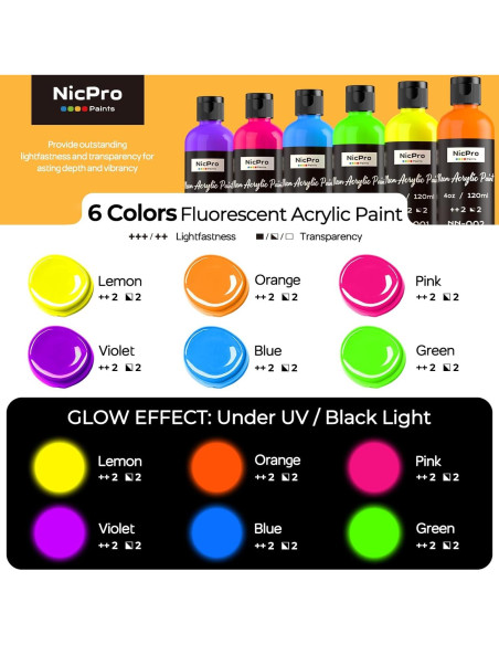Juego de Pintura Acrílica Fluorescente Nicpro 6 Colores 120 ml