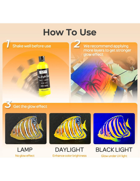 Juego de Pintura Acrílica Fluorescente Nicpro 6 Colores 120 ml