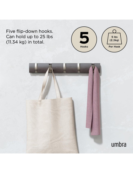 Perchero Montado en la Pared Umbra Flip con 5 Ganchos Retráctiles