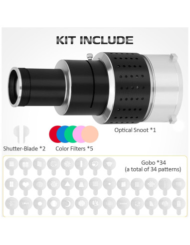 Kit Snoot Óptico Bowens NULBOFU con 34 Gobos y 5 Filtros