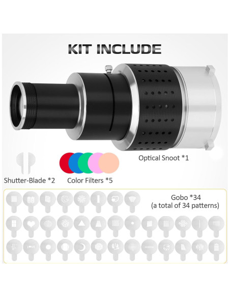 Kit Snoot Óptico Bowens NULBOFU con 34 Gobos y 5 Filtros