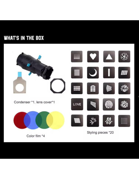 Kit Snoot Óptico BAFONGCINE 19 con 20 Gobos y 4 Filtros