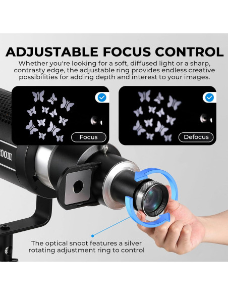 Snoot Óptico Bowens Flyrivergo con 25 Gobos y 4 Gelatinas