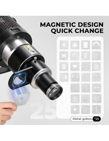 Snoot Óptico Bowens Flyrivergo con 25 Gobos y 4 Gelatinas