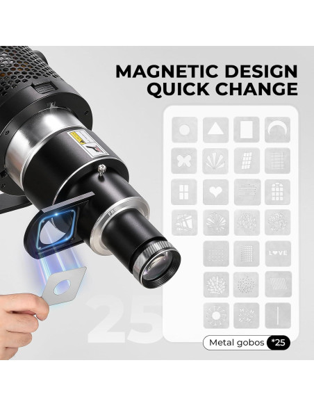 Snoot Óptico Bowens Flyrivergo con 25 Gobos y 4 Gelatinas