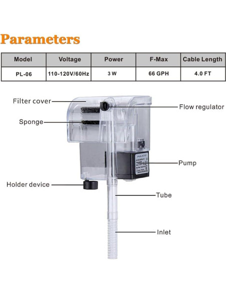 Filtro de Acuario PULACO Ultra Silencioso 66 GPH 3W 1-5 Galones