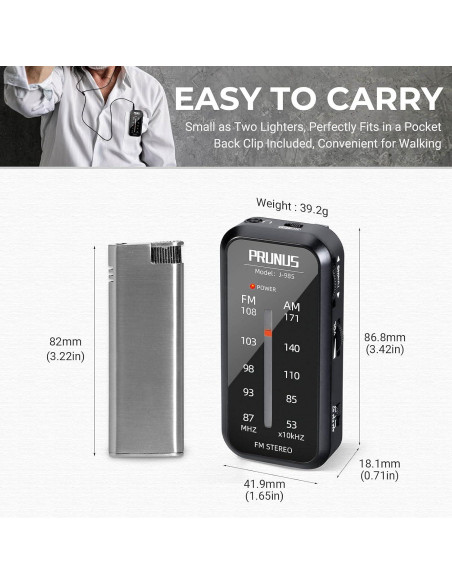 Radio de bolsillo AM FM PRUNUS J-985 portátil estéreos