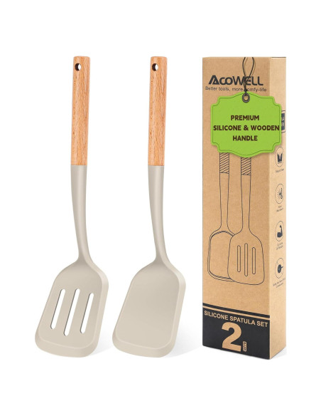 Juego de 2 Espátulas de Silicona AcoWELL con Mango de Madera