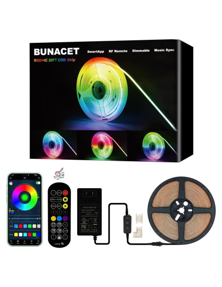 Tira LED COB RGB 20FT BUNACET con Control Remoto y App