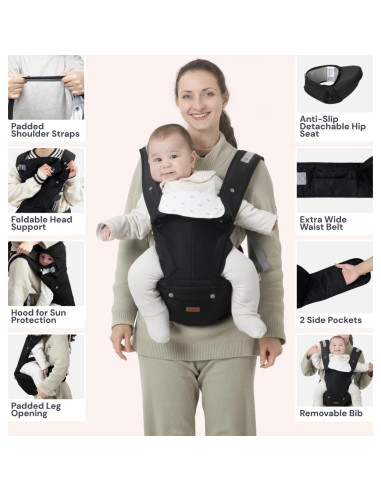 Portabebés Ergonómico BabbleRoo Grow Carrier 6-en-1 Negro